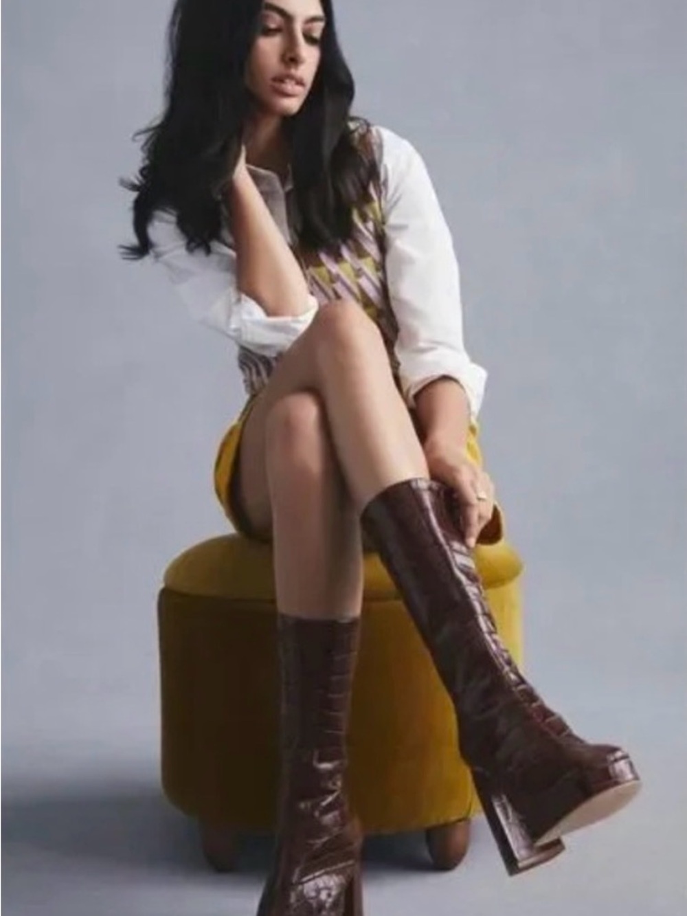 Brown Croc-Embossed Mid-Calf Block Heel Boots 7 US